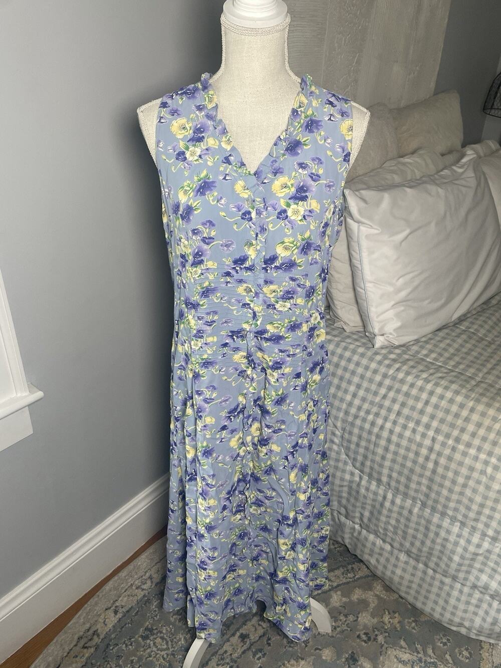 Vintage April Cornell Floral Midi Dress Purple Blue Cottagecore Sleeveless M